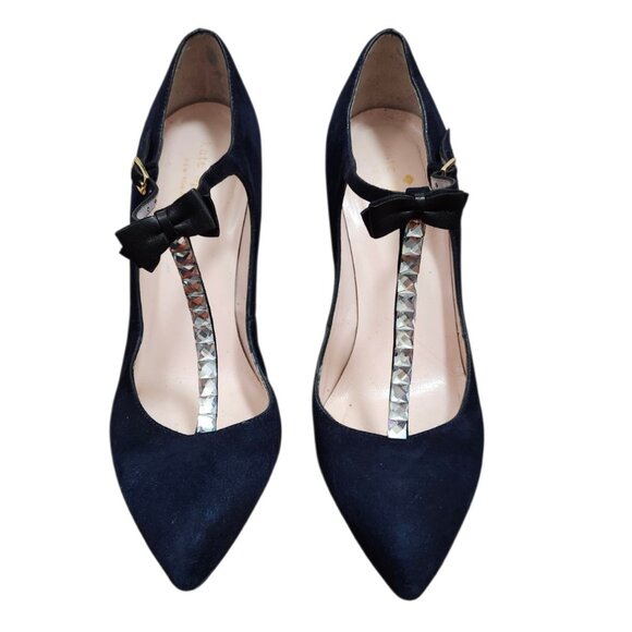 Kate Spade Navy Suede T-Strap Pumps Bow Crystal Accent Pointed Toe Heels 7BItaly - Picture 3 of 15